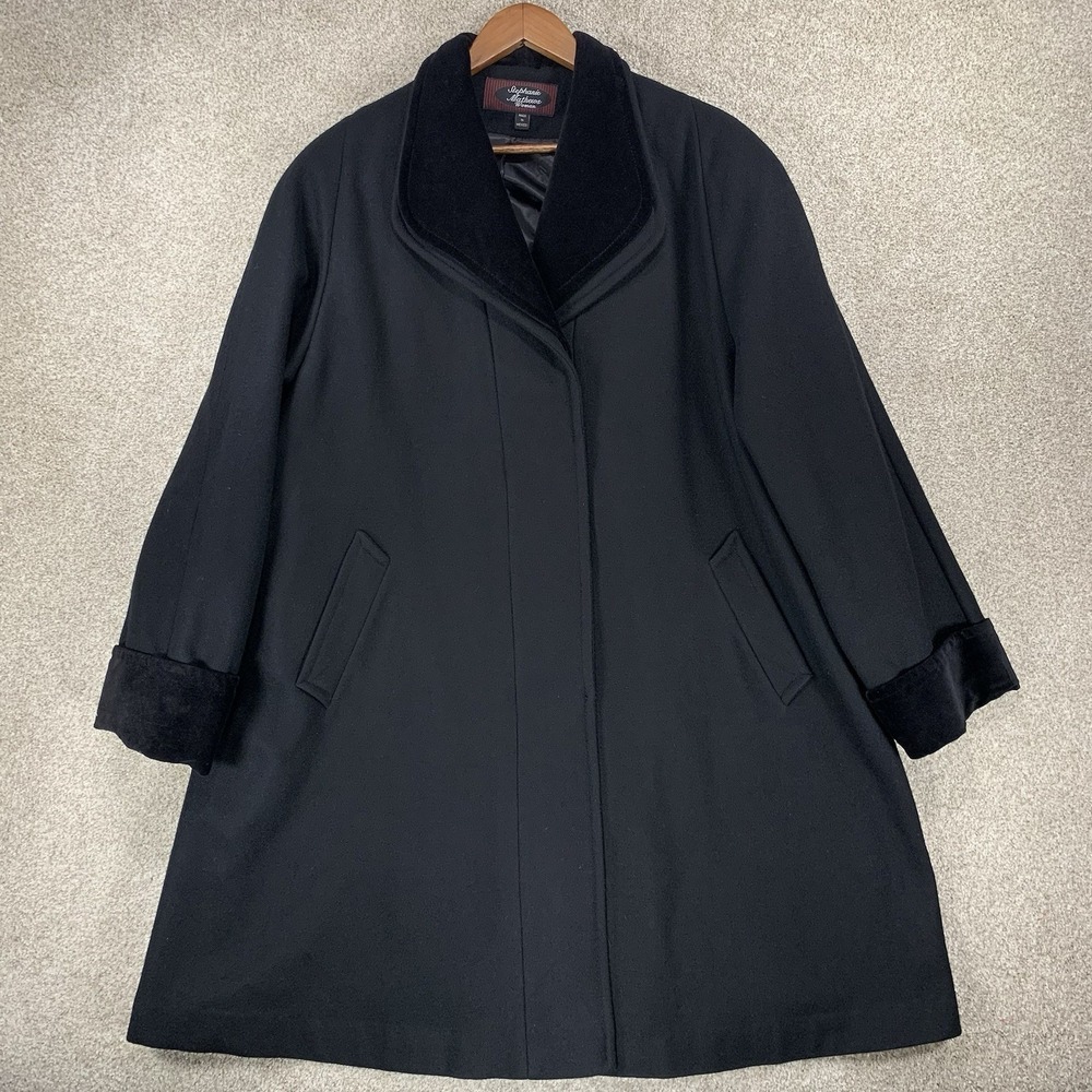 VTG Stephanie Mathews Woman‎ 1X? Long Wool Coat Cottage Trad Dress Velvet Trim